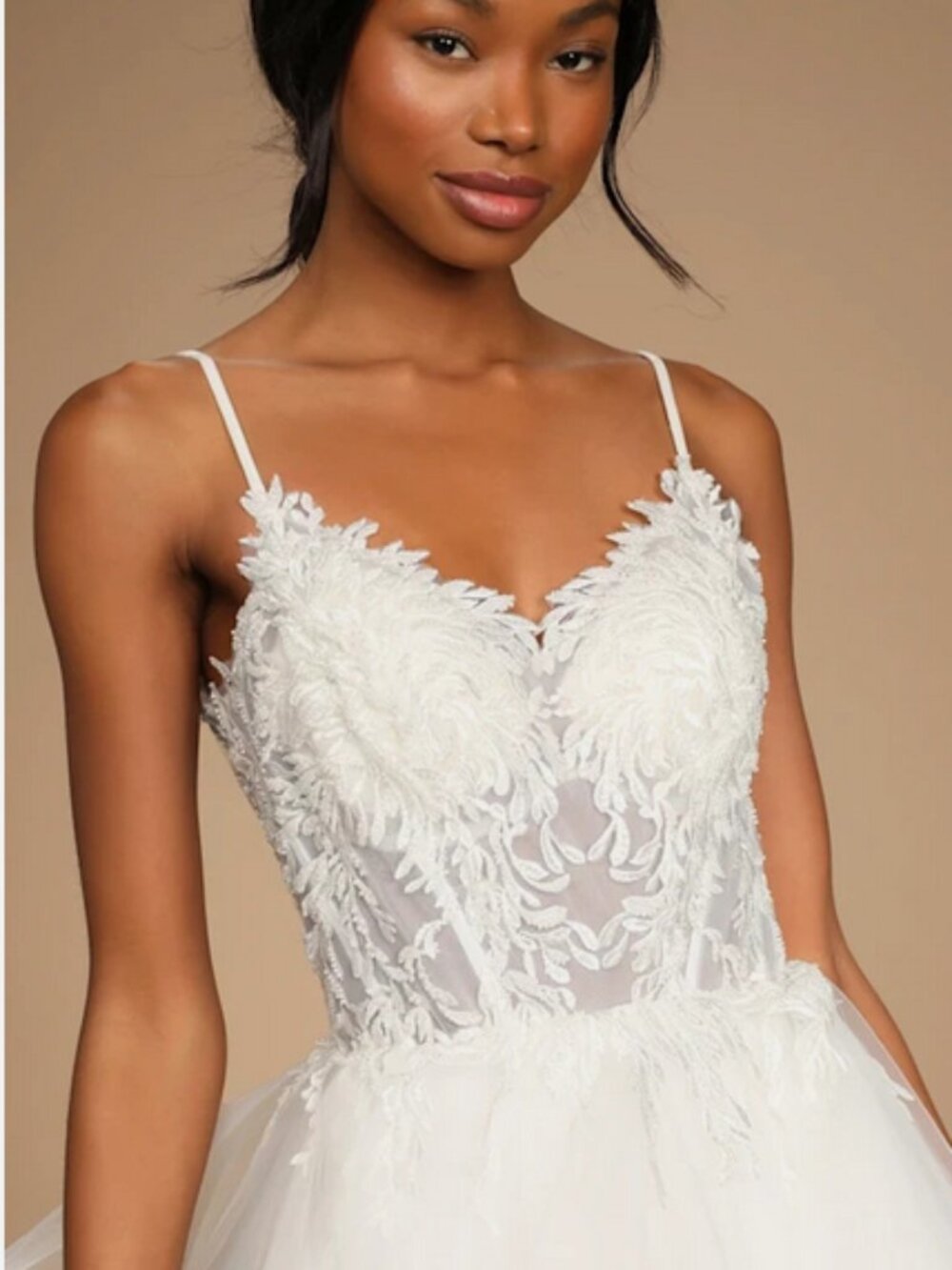 Lulu's White Lace Bodice Organza Ball Gown Wedding Dress - Picture 3 of 16